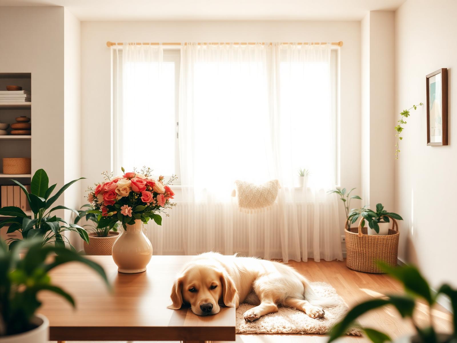 Bright, organized home with flowers and a peaceful golden retriever